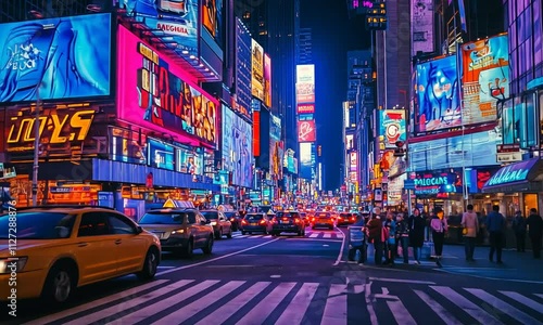 Vibrant Nighttime Streetscape of Times Square, New York City, with Bright Billboards and Yellow Cabs