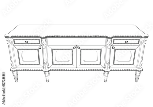 Elegant antique sideboard furniture and home interior decorations in trendy vintage retro style. Modern hand drawn black sketch vector illustrations isolated on white background
