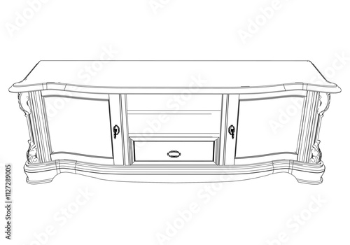 Elegant antique sideboard furniture and home interior decorations in trendy vintage retro style. Modern hand drawn black sketch vector illustrations isolated on white background