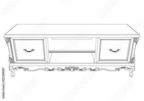 Elegant antique sideboard furniture and home interior decorations in trendy vintage retro style. Modern hand drawn black sketch vector illustrations isolated on white background