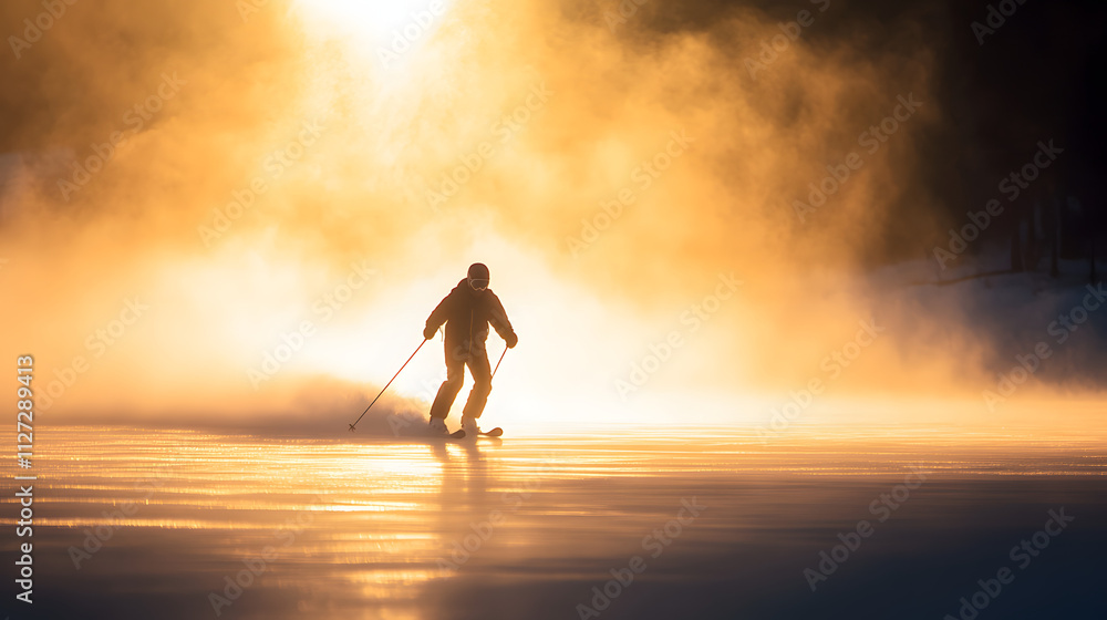 A skier towing at high speed across a frozen lake their figure silhouetted against the rising sun.