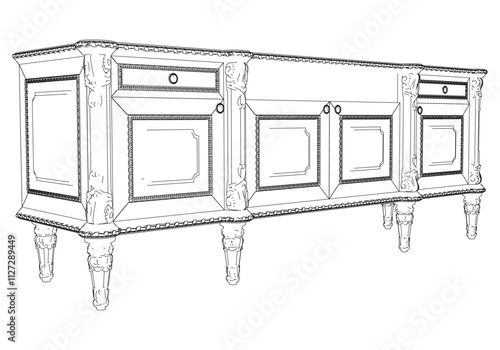 Elegant antique sideboard furniture and home interior decorations in trendy vintage retro style. Modern hand drawn black sketch vector illustrations isolated on white background