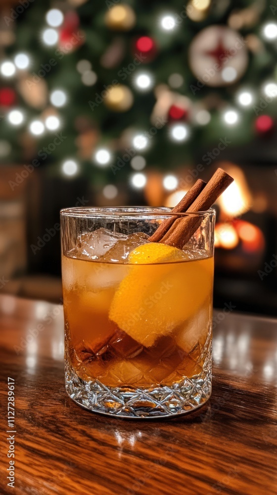 A glass of cocktail with cinnamon sticks and lemon peel, set against a festive background. A glass of cocktail with cinnamon sticks and lemon peel, set against a festive background.