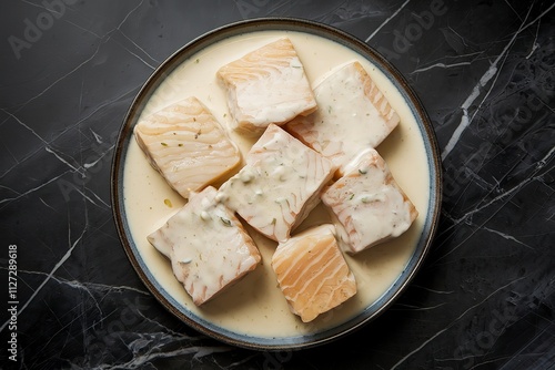 photo of chunks of fish fillet in white sauce on a plate. photo