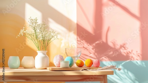 Decorative table setup with pastel eggs and white flowers in soft sunlight