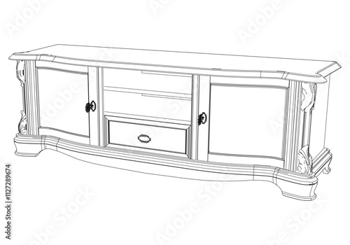 Elegant antique sideboard furniture and home interior decorations in trendy vintage retro style. Modern hand drawn black sketch vector illustrations isolated on white background