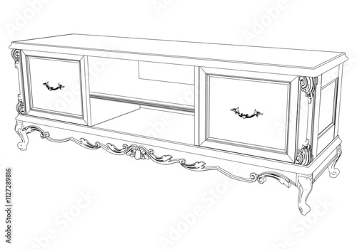 Elegant antique sideboard furniture and home interior decorations in trendy vintage retro style. Modern hand drawn black sketch vector illustrations isolated on white background