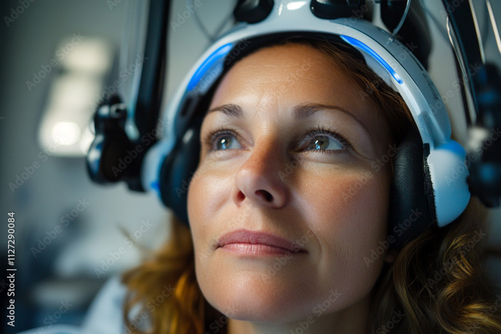 Woman wearing advanced medical or neurotechnology headset in a clinical setting, looking hopeful and focused Woman wearing advanced medical or neurotechnology headset in a clinical setting, looking hopeful and focused