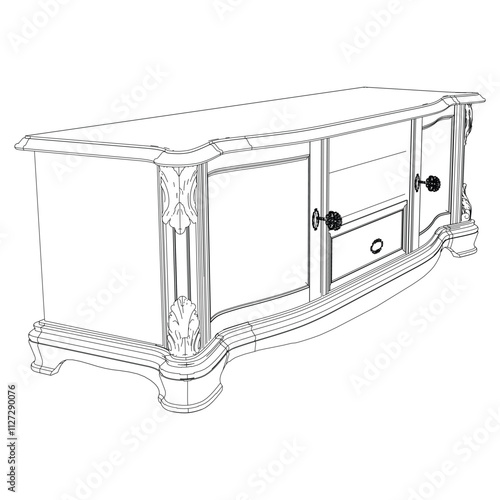 Elegant antique sideboard furniture and home interior decorations in trendy vintage retro style. Modern hand drawn black sketch vector illustrations isolated on white background