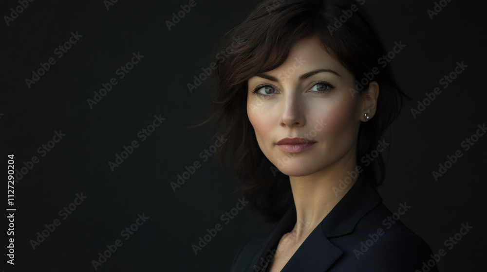 Confident businesswoman in black jacket posing in studio portrait with serious and elegant expression against dark background Confident businesswoman in black jacket posing in studio portrait with serious and elegant expression against dark background