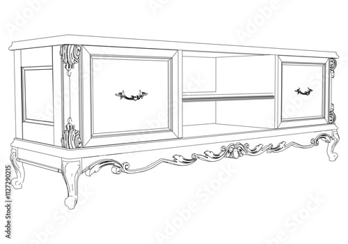 Elegant antique sideboard furniture and home interior decorations in trendy vintage retro style. Modern hand drawn black sketch vector illustrations isolated on white background