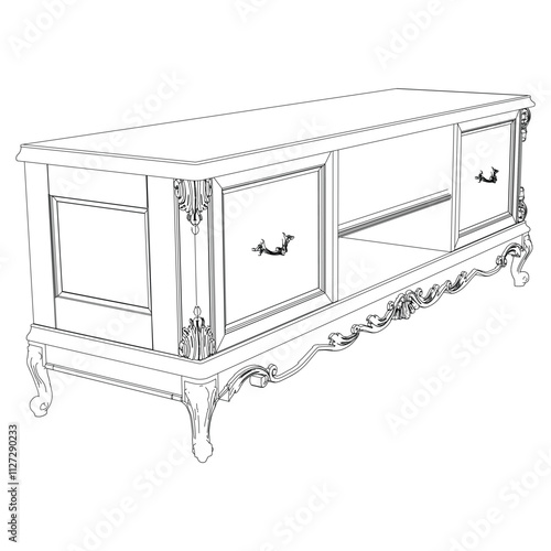Elegant antique sideboard furniture and home interior decorations in trendy vintage retro style. Modern hand drawn black sketch vector illustrations isolated on white background