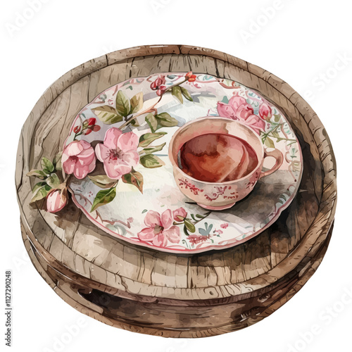 A watercolor drawing of an antique tea tray, isolated on a white background. Antique tea tray vector.