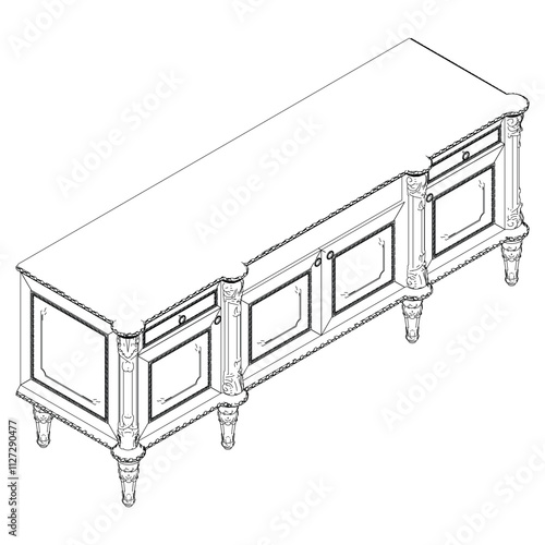 Elegant antique sideboard furniture and home interior decorations in trendy vintage retro style. Modern hand drawn black sketch vector illustrations isolated on white background