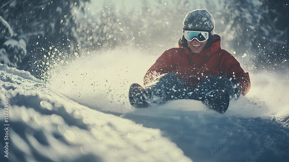 A sledder spinning in a playful circle at the bottom of a snowy slope.