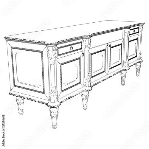 Elegant antique sideboard furniture and home interior decorations in trendy vintage retro style. Modern hand drawn black sketch vector illustrations isolated on white background