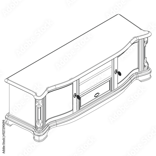 Elegant antique sideboard furniture and home interior decorations in trendy vintage retro style. Modern hand drawn black sketch vector illustrations isolated on white background