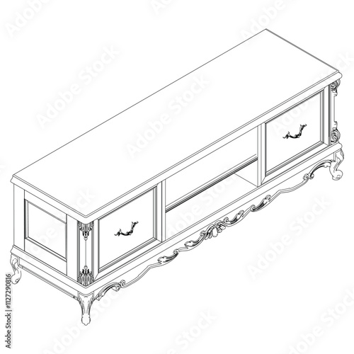 Elegant antique sideboard furniture and home interior decorations in trendy vintage retro style. Modern hand drawn black sketch vector illustrations isolated on white background
