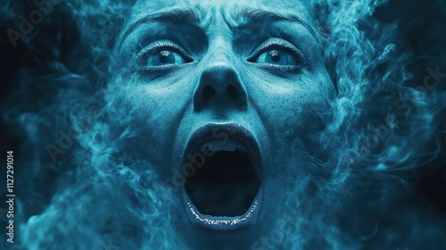  Distorted face screaming in a cloud of blue smoke, symbolizing fear, intensity, and overwhelming emotions.