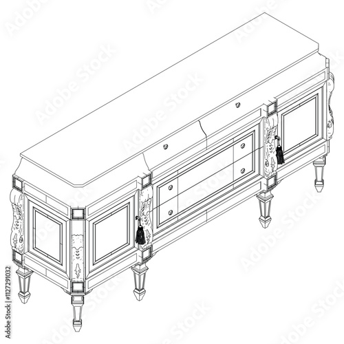 Elegant antique sideboard furniture and home interior decorations in trendy vintage retro style. Modern hand drawn black sketch vector illustrations isolated on white background