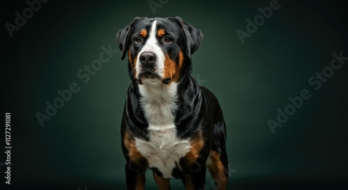 Regal portrait of a large black and white dog with brown markings on a dark background