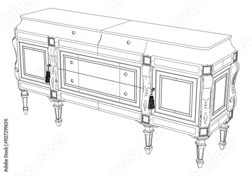 Elegant antique sideboard furniture and home interior decorations in trendy vintage retro style. Modern hand drawn black sketch vector illustrations isolated on white background