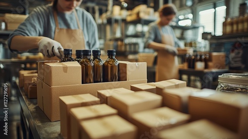  Workers in a production line packing glass bottles into boxes, symbolizing efficiency, manufacturing, and sustainable product packaging.