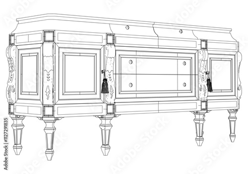 Elegant antique sideboard furniture and home interior decorations in trendy vintage retro style. Modern hand drawn black sketch vector illustrations isolated on white background