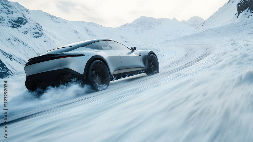 A sleek electric car sliding backwards down a snowy hill its summer tires struggling for grip.