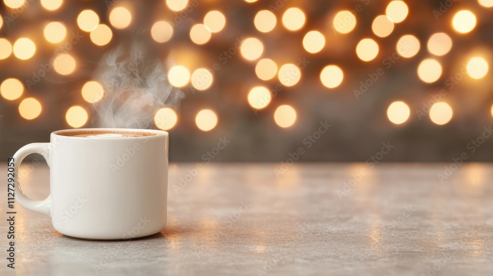 A steaming cup of coffee sits on a table, with a soft, glowing bokeh background creating a warm, inviting atmosphere. A steaming cup of coffee sits on a table, with a soft, glowing bokeh background creating a warm, inviting atmosphere.