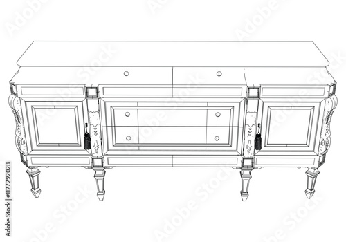 Elegant antique sideboard furniture and home interior decorations in trendy vintage retro style. Modern hand drawn black sketch vector illustrations isolated on white background