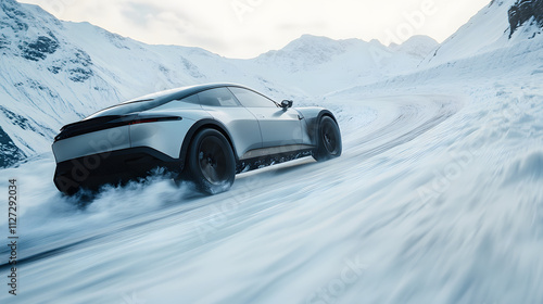 Obraz na płótnie A sleek electric car sliding backwards down a snowy hill its summer tires struggling for grip. w salonie