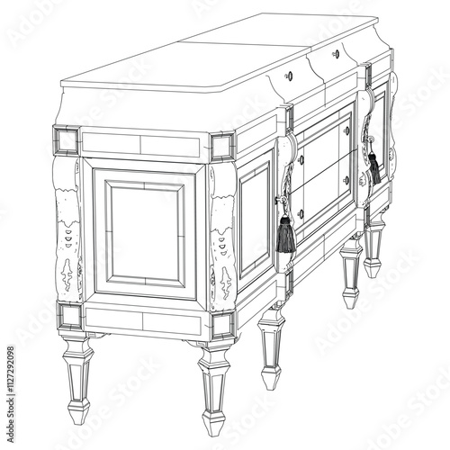 Elegant antique sideboard furniture and home interior decorations in trendy vintage retro style. Modern hand drawn black sketch vector illustrations isolated on white background