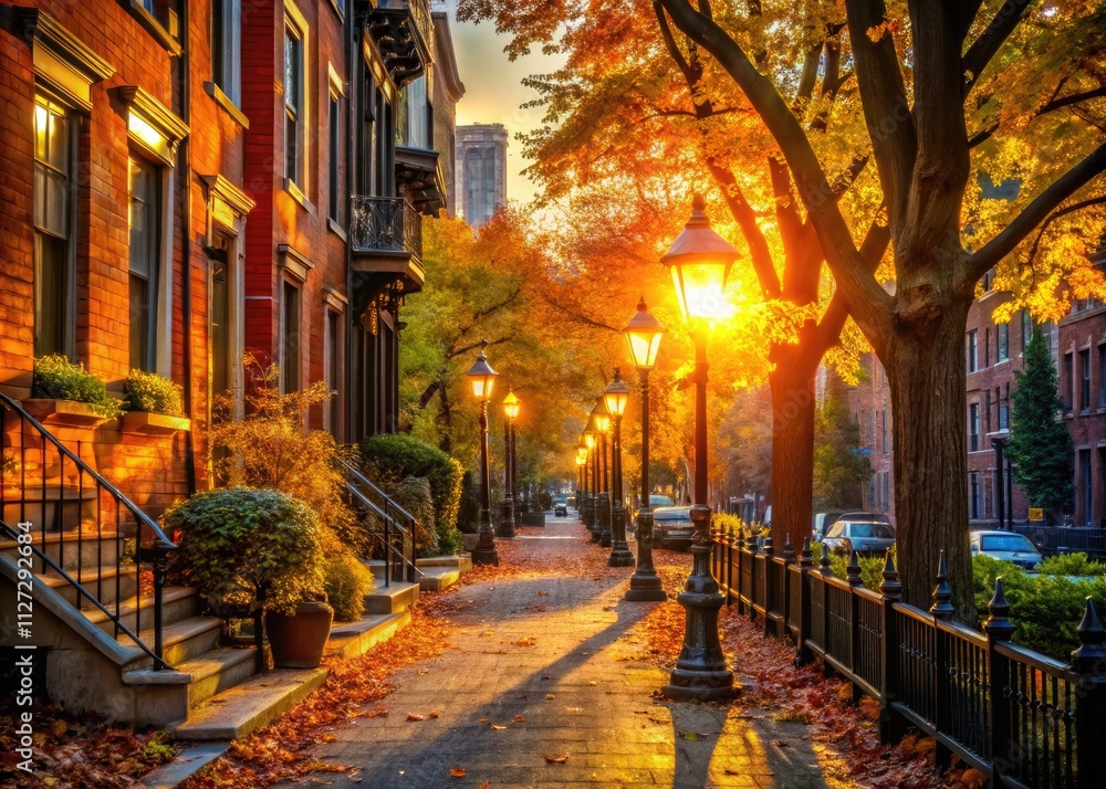 Fototapeta premium Golden leaves dance on city pavements, painting a breathtaking autumn sunset.