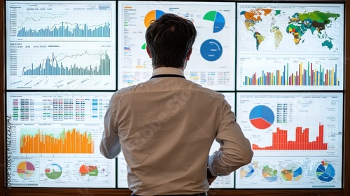 Data Analyst Reviewing Complex Financial Charts and Global Market Data on Large Screens photo