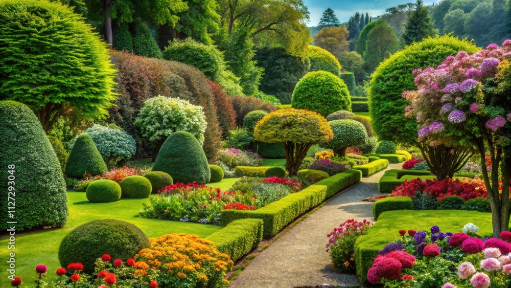 Obraz premium Garden design collection featuring line art trees, shrubs, and flowers; perfect for ornamental landscaping.