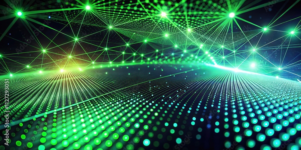 Obraz premium Futuristic neon green web: data streams, dynamic gradient, digital network, speed and perspective.