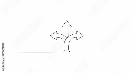 Video. Drawing Arrows in three directions in one continuous line. Concept of choice, option, path, opportunity, road. Animation on white background. 4K.
