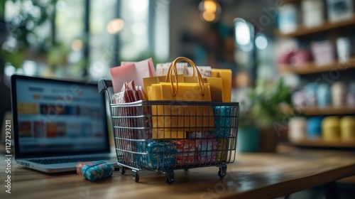 Wallpaper Mural Shopping cart with bags and laptop. Torontodigital.ca