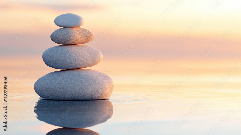 A delicate arrangement of smooth stones balances harmoniously on top of each other, reflecting soft sunset hues on the still water A delicate arrangement of smooth stones balances harmoniously on top of each other, reflecting soft sunset hues on the still water
