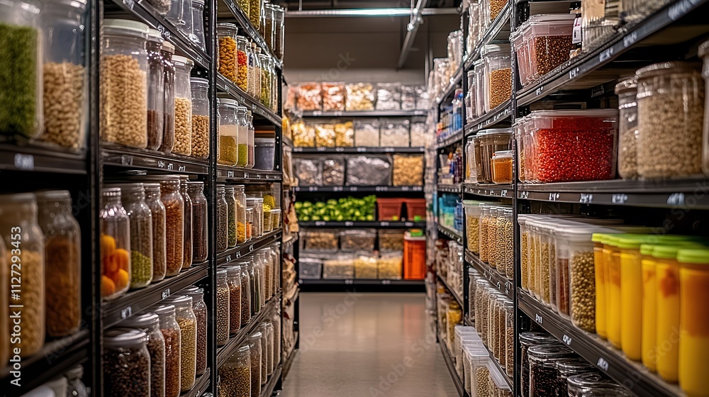 Fototapeta premium Well-organized pantry shelves with jars of grains, spices, and food items, reflecting modern food storage and sustainability practices.