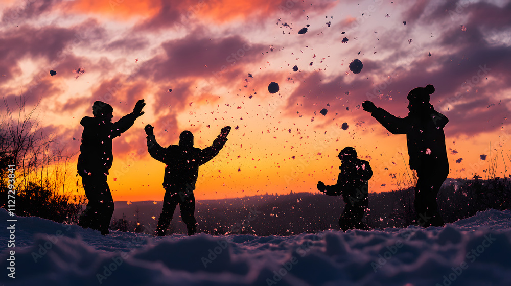 A snowball fight at dusk with colorful skies and glowing snow.
