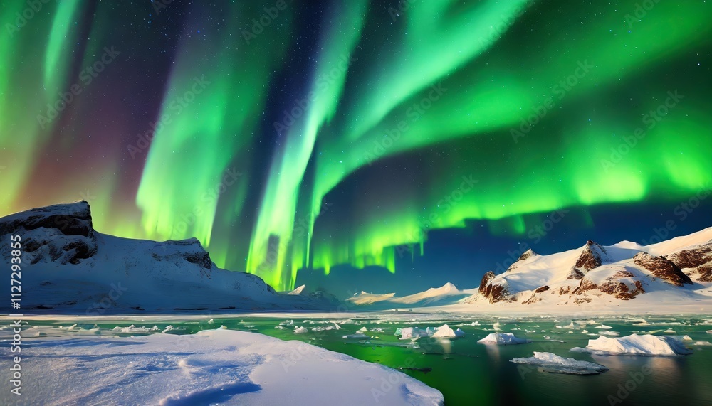 Breathtaking Green Aurora Borealis Over a Pristine Ice and Snow Landscape A Stunning Display of Natures Light Show in the Arctic Night Sky Captured in Breathtaking Green Aurora Borealis Over a Pristine Ice and Snow Landscape A Stunning Display of Natures Light Show in the Arctic Night Sky Captured in