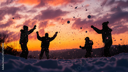 Obraz na płótnie A snowball fight at dusk with colorful skies and glowing snow. w salonie