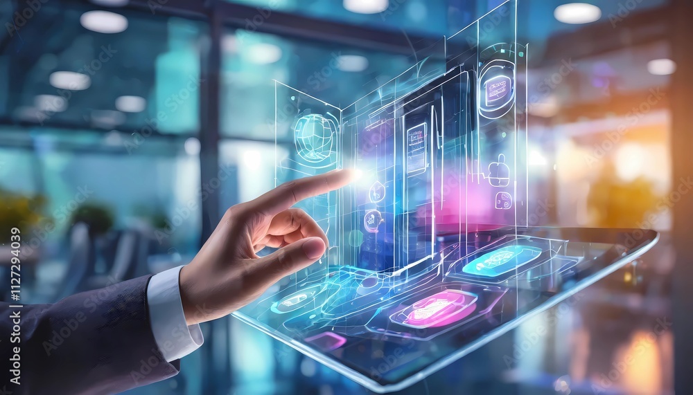 A close-up of a hand using a futuristic transparent touchscreen device with holographic data A close-up of a hand using a futuristic transparent touchscreen device with holographic data