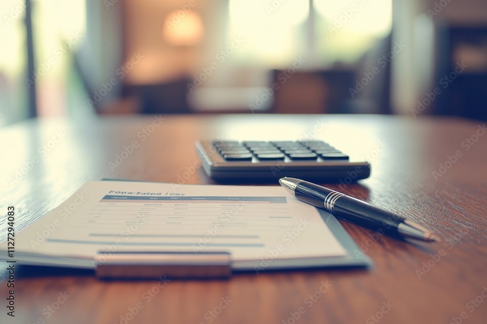 A Close-Up View of Property Brochures and a Calculator on a Wooden Desk with Warm Overhead Lighting Creating a Cozy Workspace Atmosphere A Close-Up View of Property Brochures and a Calculator on a Wooden Desk with Warm Overhead Lighting Creating a Cozy Workspace Atmosphere