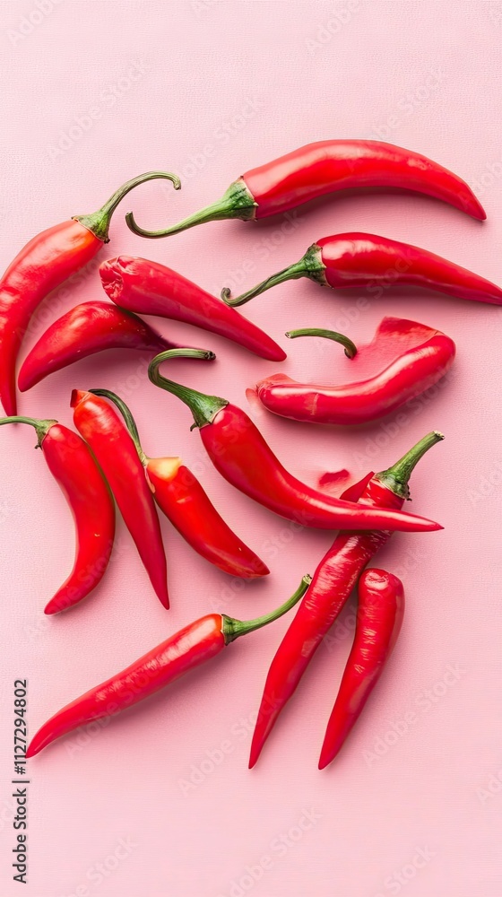 A heart arrangement of vibrant red chili peppers rests on a soft pink background, showcasing a minimalistic yet striking concept perfect for culinary themes and creative projects A heart arrangement of vibrant red chili peppers rests on a soft pink background, showcasing a minimalistic yet striking concept perfect for culinary themes and creative projects