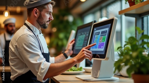 Staff Member Interacts With Touchscreen Terminal in Modern Restaurant Setting