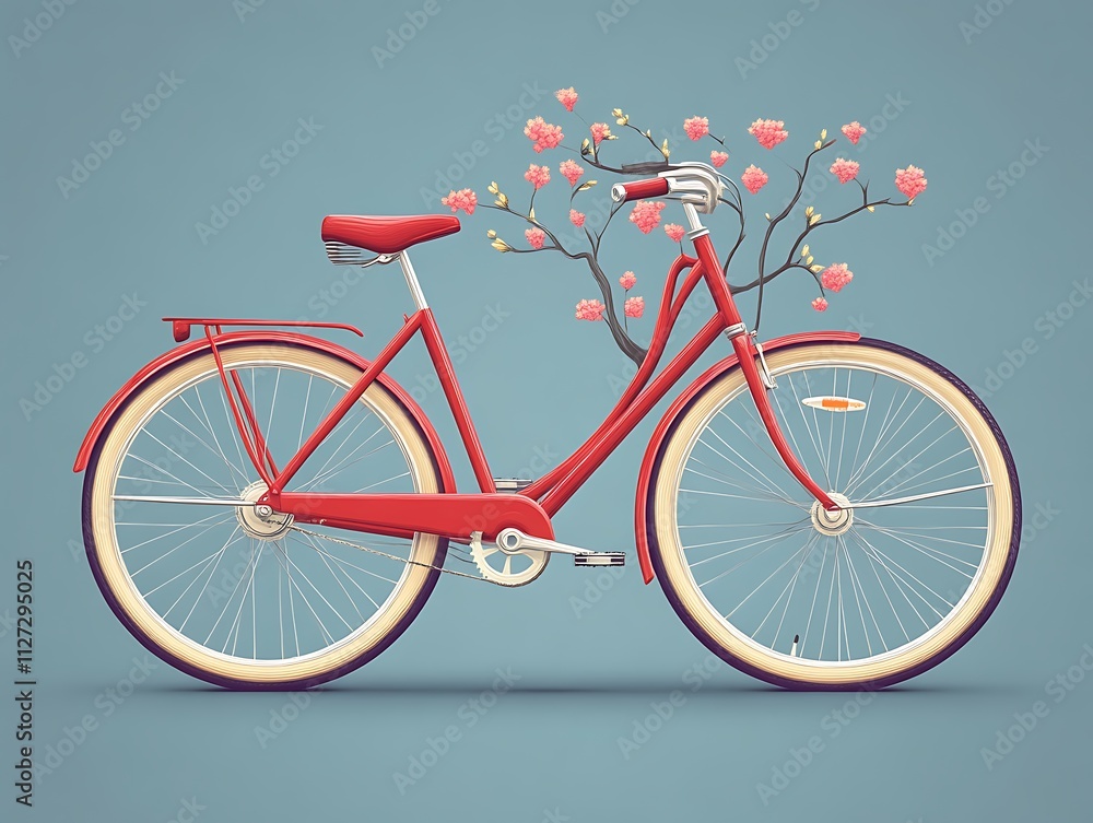 Obraz premium Red bicycle adorned with blossoming cherry tree branches