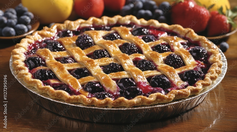 A delicious berry pie with a golden lattice crust, surrounded by fresh fruits. A delicious berry pie with a golden lattice crust, surrounded by fresh fruits.